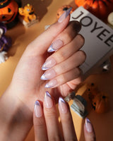 Nebula chrome French press on nails, nude base with a purple to blue to pink iridescent tip and a silver hand-drawn line - image 3