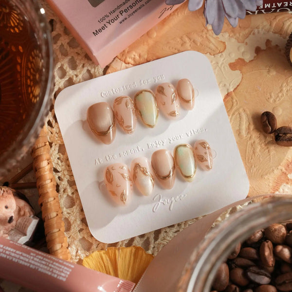 neutral fall press-on nails in beige and gold