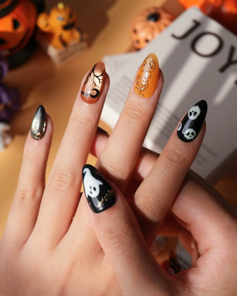 Nevermore press on nails with a black cat on a 3D copper pumpkin, a raven on a branch under an amber moon, ghosts and bats - image 5