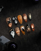 Nevermore press on nails with a black cat on a 3D copper pumpkin, a raven on a branch under an amber moon, ghosts and bats - image 3