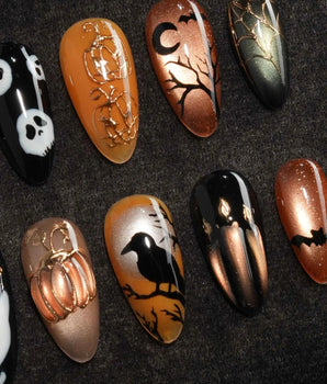 Nevermore press on nails with a black cat on a 3D copper pumpkin, a raven on a branch under an amber moon, ghosts and bats - image 1