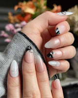 New Year Glam press-on nails — Classic Black & White, 3D Bows & French Outlines. handmade nail art by Joyee Nails