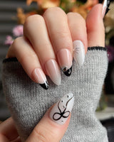 New Year Glam press-on nails — Classic Black & White, 3D Bows & French Outlines. handmade nail art by Joyee Nails
