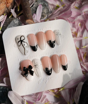 New Year Glam press-on nail set — Classic Black & White, 3D Bows & French Outlines. design, hand-painted with real gel polish
