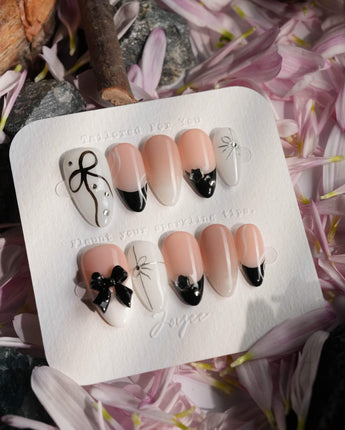 New Year Glam press-on nail set — Classic Black & White, 3D Bows & French Outlines. design, hand-painted with real gel polish