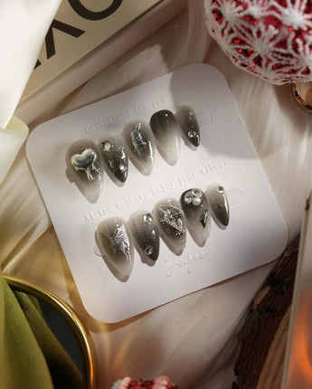 Night Butterfly handmade press-on nails featuring black ombre chrome 3D gothic nails