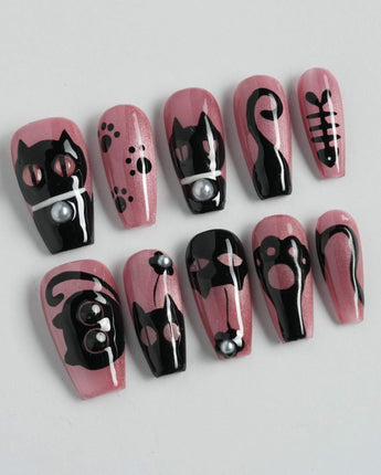 Night Prowler press-on nails — dusty pink black cat