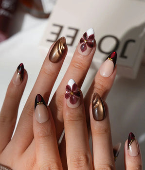 Nightbloom Short Almond floral press on nails with brown floral 3D handmade nail art - image 2
