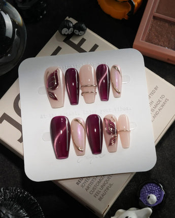 Nightcap handmade press-on nails in medium coffin shape by Joyee Nails