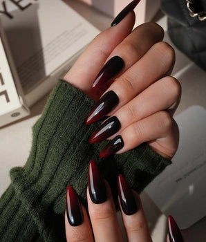 Nightcap press on nails in a near-black wine red that fades to a clearer red at the tip with a high gloss finish - image 5
