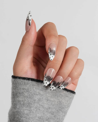 Noir Lace warm nude press-on nails with black lace fabric-inspired detail
