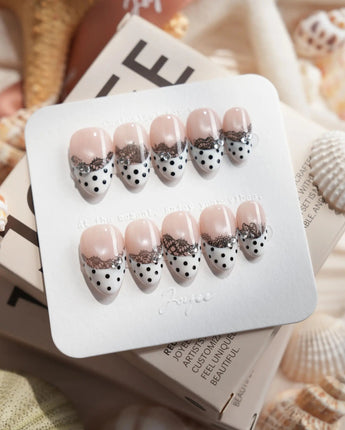 Noir Lace extra short almond press-on nails with black lace French tip design