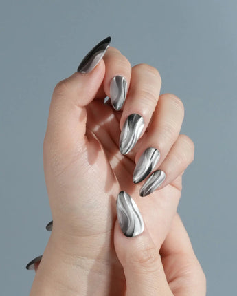 Noir Ribbons nails in medium almond — Phantom Black & Deep