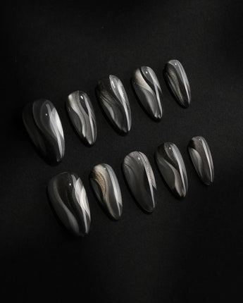 Noir Ribbons nails in medium almond — Phantom Black & Deep
