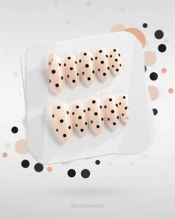 Dot Noir-Mini press-on nails — nude & black Contrast, Retro Polka Dots. handmade nail art by Joyee Nails