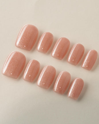 Nude Blush cat-eye press-on nails in extra short square shape — blush pink cat eye nails