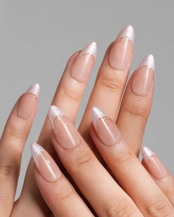 Nude French Tip Nails - Your Glow press-on nails in medium almond shape — Nude Cat Eye, French Gold Wire.
