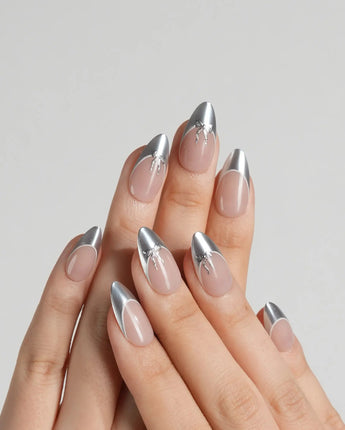 Nude silver French manicure with metallic shine