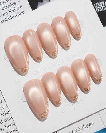 Nude Spark press-on nails — Premium Champagne Cat Eye, Irregular French Metal Outlines. handmade nail art by Joyee Nails