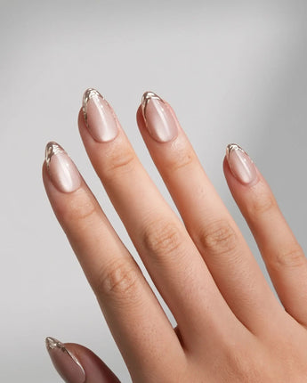 Nude Spark press-on nails — Premium Champagne Cat Eye, Irregular French Metal Outlines. handmade nail art by Joyee Nails