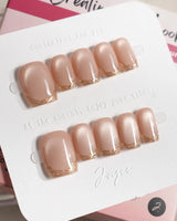 Nude Spark press-on nails in extra short square shape — Premium Champagne Cat Eye, Irregular French Metal Outlines.