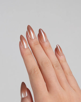 Close-up of Caramel Chrome nails with glossy brown ombre and soft caramel chrome effect
