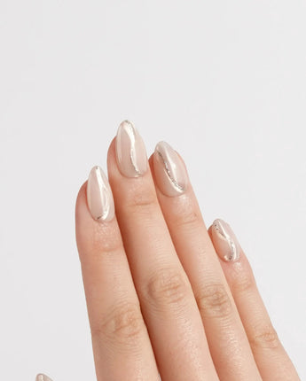 Oat Latte press-on nail set — Sheer Nude Skin, Minimalist Silver Glitter Swirls. design, hand-painted with real gel polish