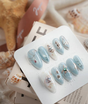 Ocean Heart Medium Almond press on nails, handmade custom nails by Joyeenails