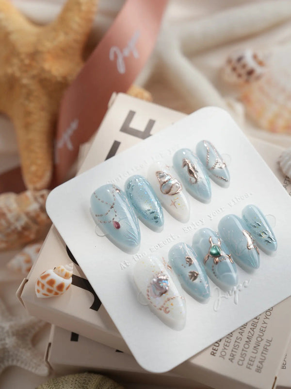 Ocean Heart medium almond press-on nails with jeweled underwater chrome sea life