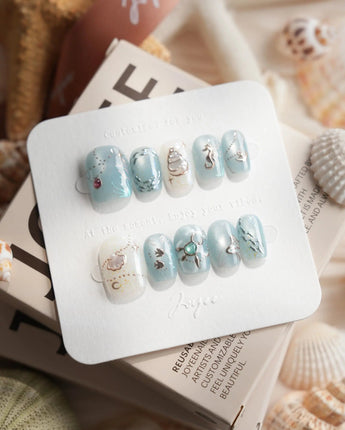 Ocean Heart extra short square press-on nails with underwater chrome artwork