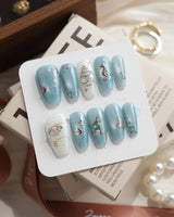 Ocean Heart Medium Coffin press on nails, handmade custom nails by Joyeenails