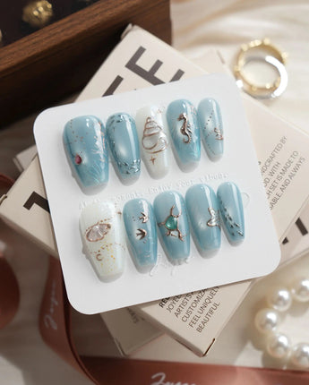 Ocean Heart Medium Coffin press on nails, handmade custom nails by Joyeenails