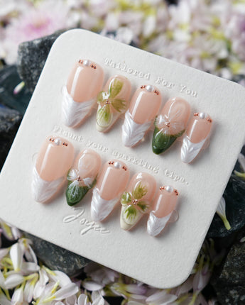 Duchess Olive 3D Floral Press-On Nails handmade press-on nails featuring Olive green, 3D French Floral.