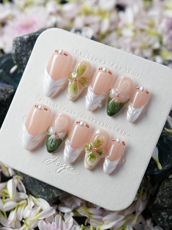 Duchess Olive 3D Floral nails with olive green French tips and raised floral accents