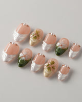 Duchess Olive press-ons with glossy olive green tips and raised 3D flower accents