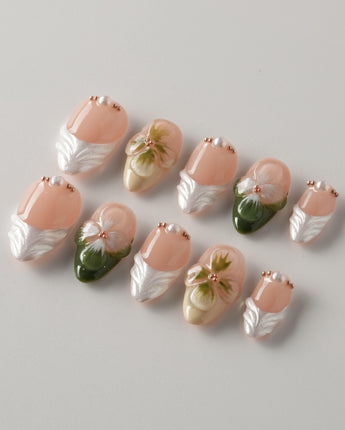 Duchess Olive press-ons with glossy olive green tips and raised 3D flower accents