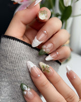 Duchess Olive nail set with olive green French styling and sculpted 3D flowers