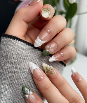 Duchess Olive nail set with olive green French styling and sculpted 3D flowers