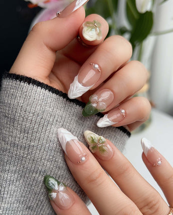 Duchess Olive nail set with olive green French styling and sculpted 3D flowers
