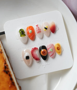 Omakase handmade 3D sushi press-on nails with nigiri, octopus, and roll details