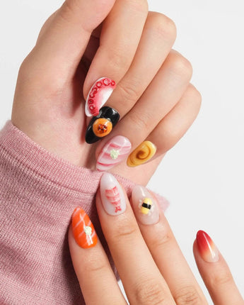 Omakase extra short almond nail set with glossy sushi charms and coral accents
