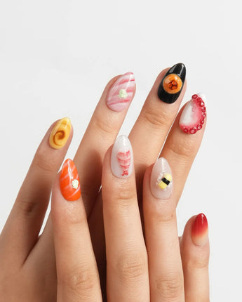 Omakase extra short almond sushi press-on nails with salmon, tamago, and avocado roll art