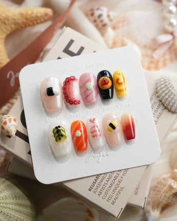 Omakase 3D sushi press-on nails in short coffin shape