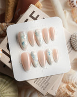 Opal Moon custom-size medium almond nails with rose-gold jewelry shine