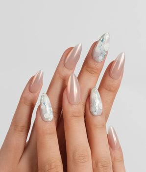 Opal Moon rose-gold chrome nail set with sheer milky opal circle accents