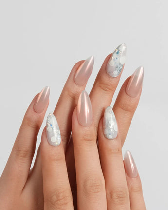 Opal Moon rose-gold chrome nail set with sheer milky opal circle accents
