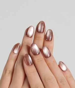 Orbs Team #1 press-on nail set — brown cat eye design, hand-painted with real gel polish