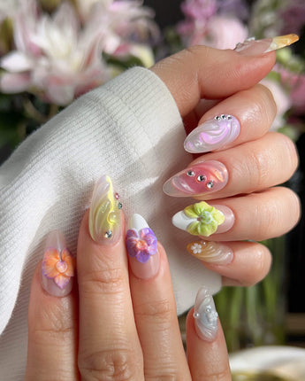 Orchid-Extra Glow press-on nails — Colorful Summer, 3D Orchids & Shell Textures. handmade nail art by Joyee Nails