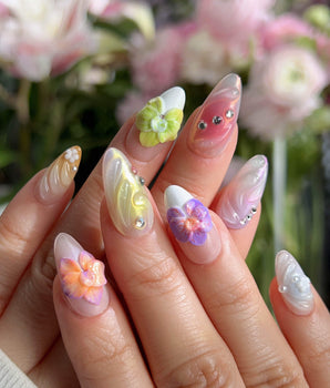 Orchid-Extra Glow press-on nail set — Colorful Summer, 3D Orchids & Shell Textures. design, hand-painted with real gel polish
