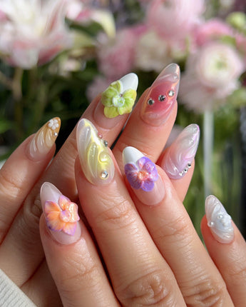 Orchid-Extra Glow press-on nail set — Colorful Summer, 3D Orchids & Shell Textures. design, hand-painted with real gel polish